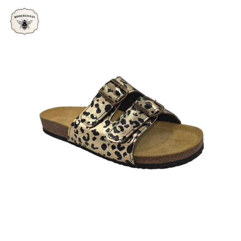 Gold & Leopard- Classic Genuine Leather Dual-Strap Buckle Sandal