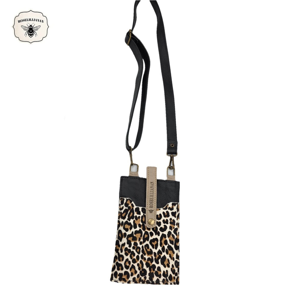 Genuine Leather Phone Pouch Black, Oyster & White Leopard
