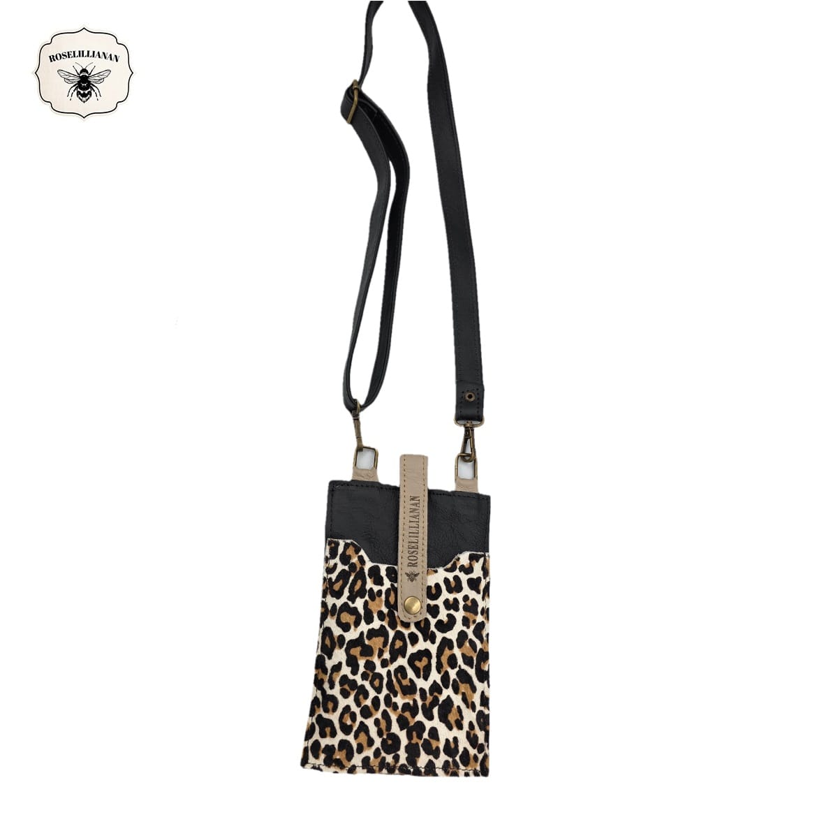 Genuine Leather Phone Pouch Black, Oyster & White Leopard
