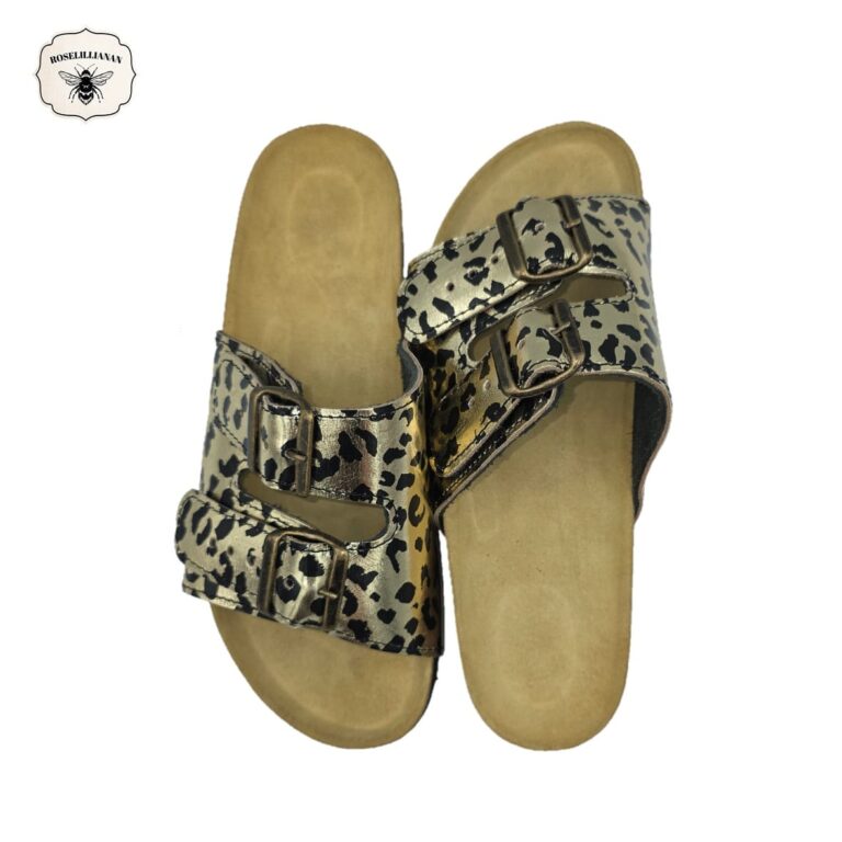Gold & Leopard- Classic Genuine Leather Dual-Strap Buckle Sandal