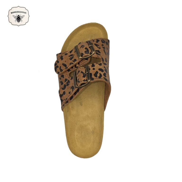 Tan & Leopard- Classic Genuine Leather Dual-Strap Buckle Sandal
