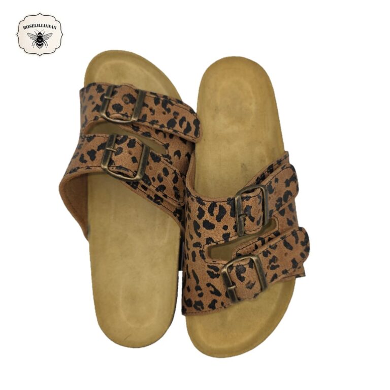 Tan & Leopard- Classic Genuine Leather Dual-Strap Buckle Sandal