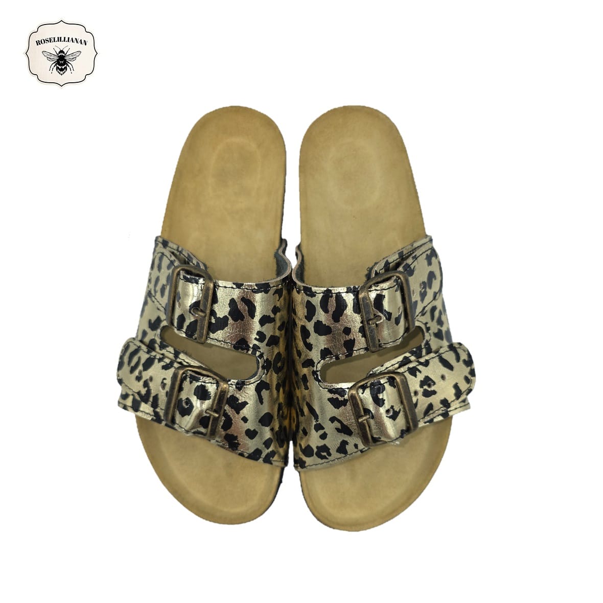 Gold & Leopard- Classic Genuine Leather Dual-Strap Buckle Sandal