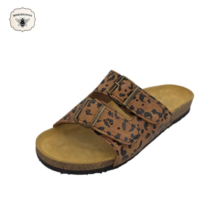 Tan & Leopard- Classic Genuine Leather Dual-Strap Buckle Sandal