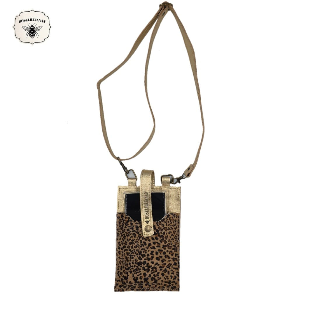 Genuine Leather Phone Pouch Gold & Leopard