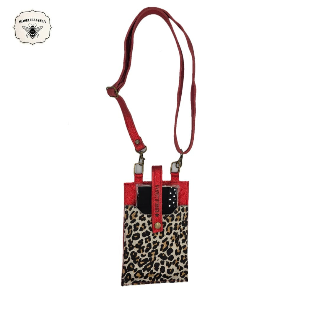 Genuine Leather Pouch Metallic red & White Leopard